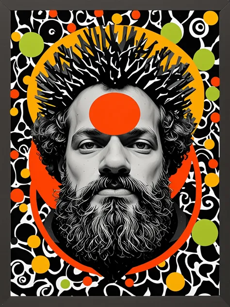 deconstructed b&w portrait, man, masculine, beard, surreal collage,  <lora:DeconDada:1.9> Maximum red,Black coral,Deep saffron,Orange-yellow,lime