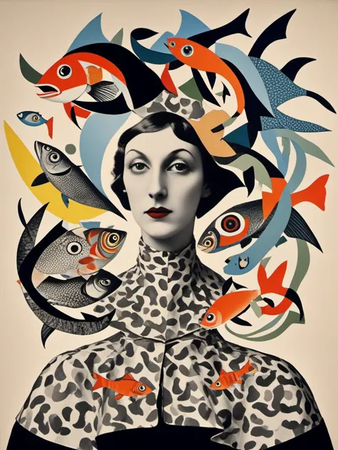 a woman with fish on her head and a leopard print dress