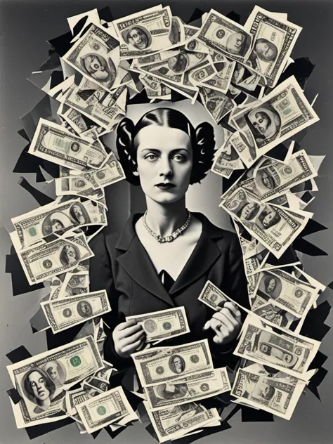 a black and white photo of a woman surrounded by money