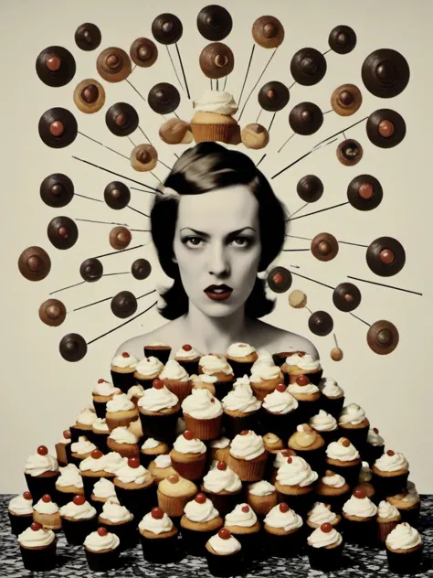 arafed photograph of a woman surrounded by cupcakes and sprinkles