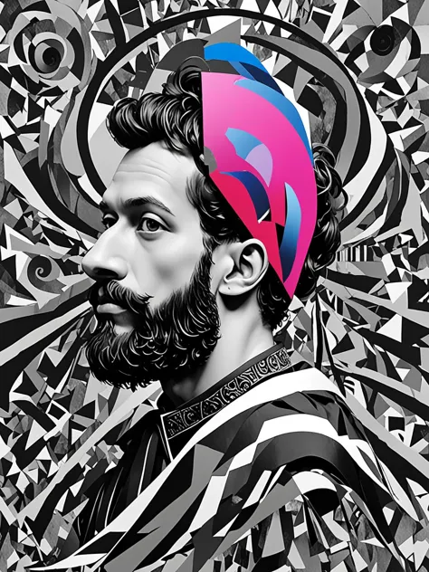 deconstructed b&w portrait, man, masculine, beard, surreal collage,  <lora:DeconDada:1.9> Bright maroon,Cosmic cobalt,Candy pink,Egyptian blue,Quick Silver