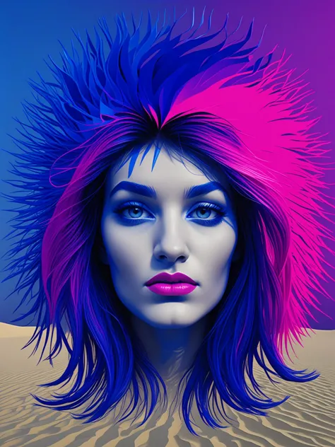 a close up of a woman with a pink and blue hair