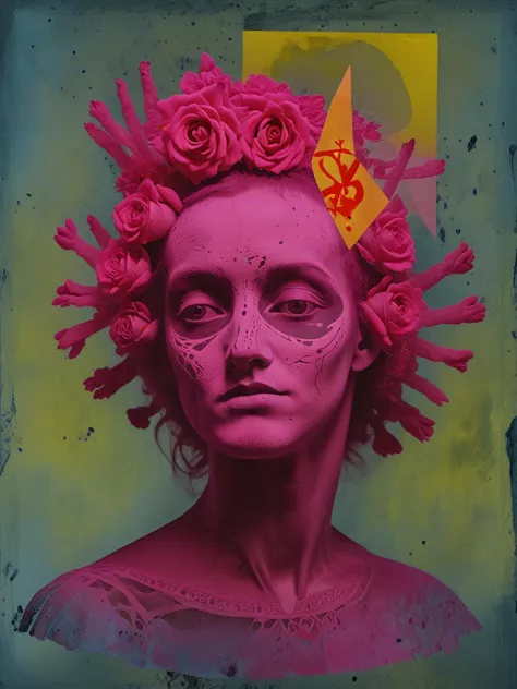 hd-photo, ancient celtic goddess, (obscure angle portrait:1.2), dadaist-artwork depicting the summer solstice and inspired by Yi Sang,Tsuji Jun,Walter Serner, chalk-dust,x-ray,collage, subtle Dioxazine-Magenta,Cadmium-Barium-Yellow-Pale,Cadmium-Barium-Red-Light,Cadmium-Barium-Blue-Very-Deep,Permanent-Rose-Madder pallet, Dynamic surreal background,<lora:DeconDada2:1.3>