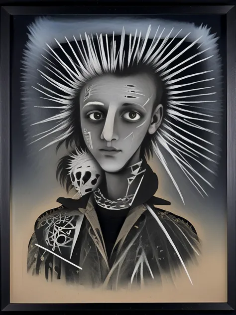 a painting of a man with spiked hair and a skull on his head