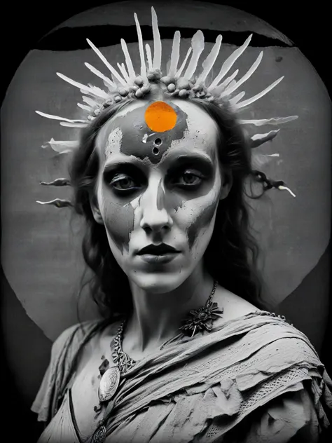 b&w hd-photo, ancient celtic goddess, (obscure angle portrait:1.2), dadaist-artwork depicting the summer solstice and inspired by Sophie Taeuber-Arp,Elsa von Freytag-Loringhoven,Wieland Herzfelde, chalk-dust,x-ray,deconstructed, subtle Cadmium-Barium-Orange-Light,Cadmium-Barium-Blue-Deep,Cadmium-Barium-Green-Medium,Alizarin-Crimson,Ultramarine-Violet pallet, Biblical surreal background,<lora:DeconDada2:0.9>