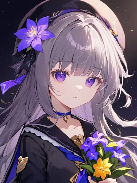 ultra-detailed,(best quality),((masterpiece)),(highres),original,extremely,Herta,1girl,solo,hat,holding,zoom layer,looking at viewer,holding flower,beret,long sleeves,sailor collar,neckerchief,upper body,ribbon,grey hair,head tilt,black dress