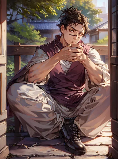 wide Shot,[best hands:(best hands):10] ,Best quality,dutch angle,full body,(masterpiece,ultra detailed 8k art),looking away,1 male, jjksnch, prpotf, dark brown eyes,focus face, Black hair,purple wear,white long wide sleeve
BREAK
Japan,tokyo,(cafe,out door ,drinking coffee, afternoon tea time,crowd),relax,sitting, terrace seating, patio seating