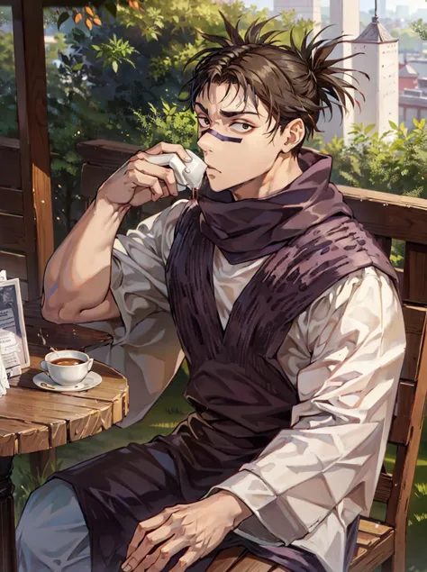 wide Shot,[best hands:(best hands):10] ,Best quality,dutch angle,full body,(masterpiece,ultra detailed 8k art),looking away,1 male, jjksnch, prpotf, dark brown eyes,focus face, Black hair,purple wear,white long wide sleeve
BREAK
Japan,tokyo,(cafe,out door ,drinking coffee, afternoon tea time,crowd),relax,sitting, terrace seating, patio seating