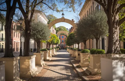 arafed archway in a city street with trees and bushes