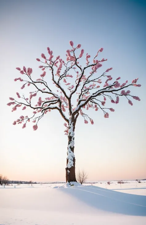 a tree with pink leaves in the snow on a sunny day