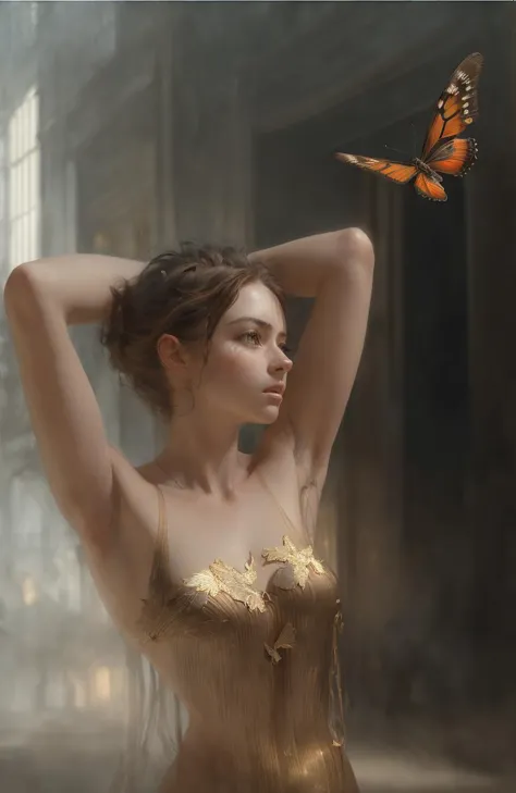 a woman in a gold dress with a butterfly flying above her