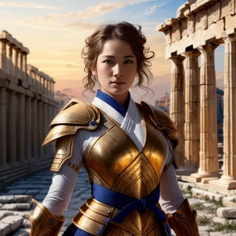 "portrait knights of zodiac girl, golden and copper shining armor, karate pose, in ruined agora of athens sunrise, ssci - fi and...