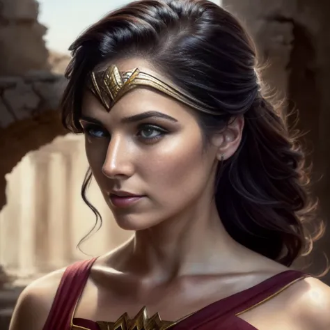 realistic portrait painting of wonder woman, old mystic ruins, afternoon, intricate, elegant, highly detailed, digital painting, sharp, focus, by artgerm and greg rutkowski