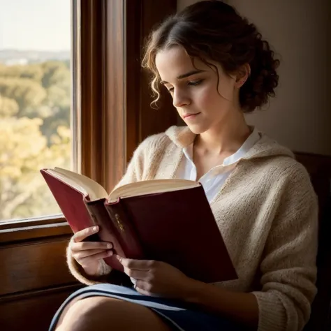 "portrait of Emma Watson as Hermione Granger sitting next to a window reading a book, focused expression, face focus, golden hou...