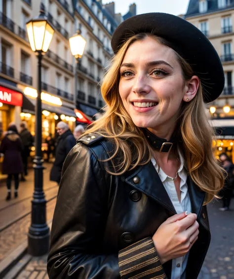 woman in black hat and leather jacket smiling in a crowded street