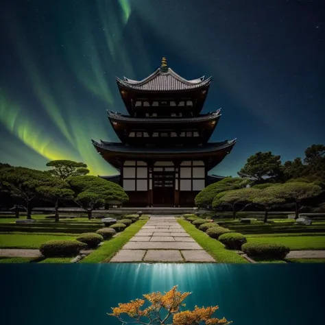 "overgrown foliage overtaking massive japanese temples, underwater environment, borealis, scenery, professional, award - winning, trending on artstation, hyper detailed, realistic, beautiful, emotional, shiny, golden, picture"