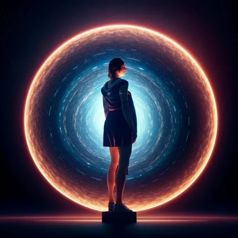 "a beautiful whimsical woman standing under a multi-colored binary blackhole with an accretion disc, casting magic, glowing trai...