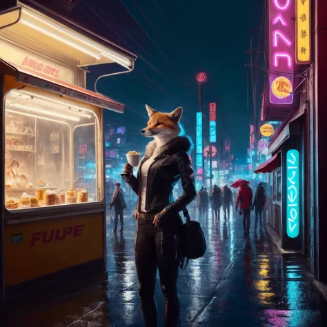 white - furred anthropomorphic female vulpes vulpes fulva wearing tight cyberpunk clothes, eating noodles, in the rain by a nood...