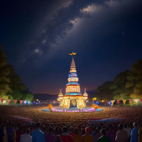 a crowd of people watching a show in a park at night