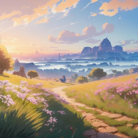 "pastel landscape of an anime field. clean sharp digital art, environment concept art, by rossdraws, ghibli, breath of the wild,...