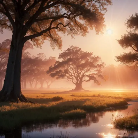 a swamp with one huge tree, dark colors, misty, light rays, sunset!, beautiful lighting, vivid colors, intricate, elegant, smoot...