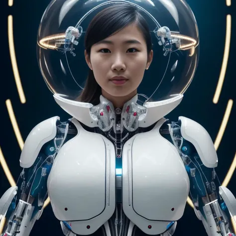 a close up of a woman in a futuristic suit with a helmet on