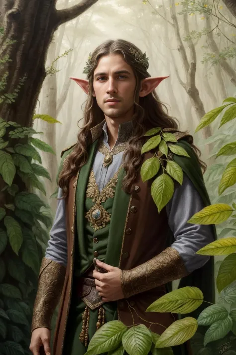 a picture of a forest elf cloths in flowers and leaves, high fantasy, elegant, epic, detailed, intricate, digital painting, conc...