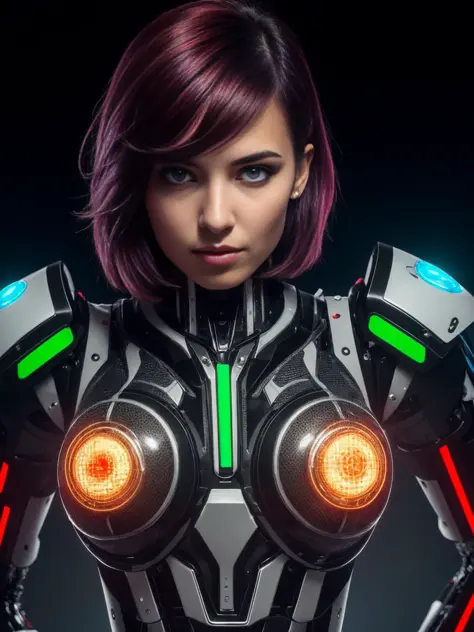 technicolor, portrait, robot, rainbow armor, white shimmering hair, neon light, RAW, best quality, colorful, (dynamic perspective), sharp focus, depth of field, extremely detailed eyes and face, beautiful detailed eyes, large breasts, (black green, trimmed...