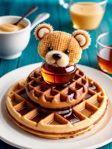 A sharp focus photo of an восхитительный Waffle Bear syrup, 8К, 4K, восхитительный, милый, детская иллюстрация,