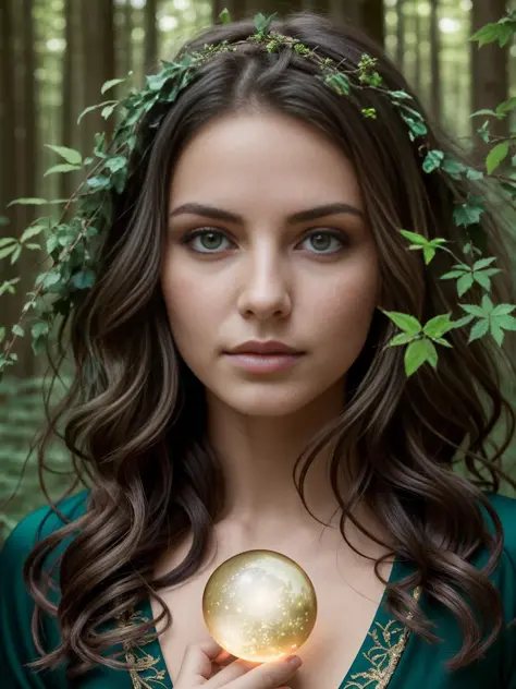 An alluring Fae Woman enchantress, (up close,:1.1) glowing markings, emerald green eyes, golden curly hair, solo, (upper body:0....