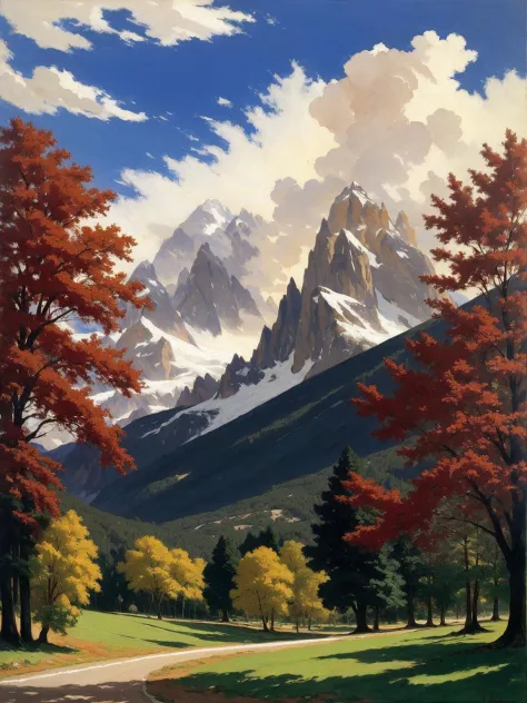 painting by sargent and rhads and leyendecker and greg hildebrandt evening sky, low thunder clouds foothpath with trees at indian summer with zugspitze fitz roy in background, colours green, red, blue black and white, acuarela <lora:Elixir:1>