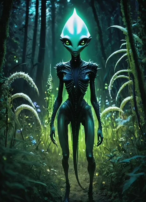 cinematic movie scene of a  futuristic alien with pale skin and big black eyes, long tail with a glowing spike at the end, scaled skin, hiding in the forest, in the dark, among the trees and bushes, grass and flowers in the foreground,
<lora:Alien:0.8>