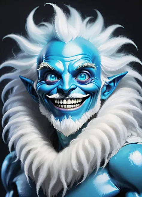 a realistic portrait of a cute and  futuristic male alien blue skin and fluffy white beard, dark background, old face, big smile with teeth showing,
<lora:Alien:0.8>