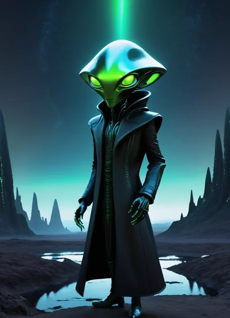 a man in a black coat and green lights standing in a desert