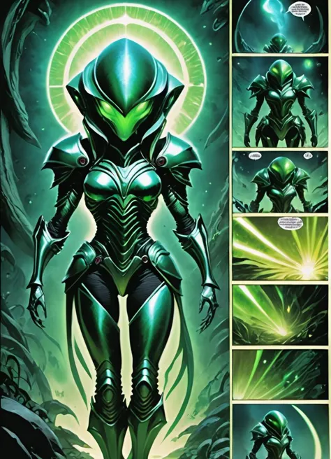 a comic page with a green alien woman in a space suit