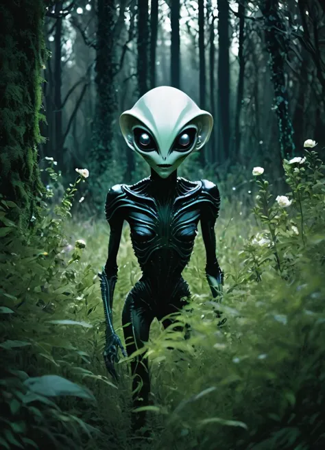 alien in the woods with a gun and a rifle