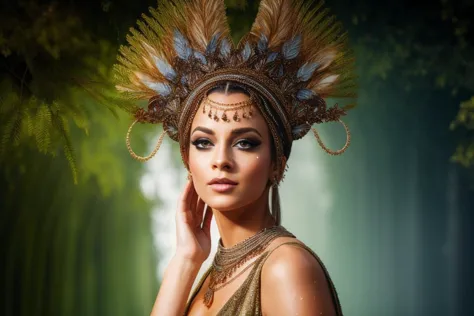 arafed woman in a feather headdress posing for a picture