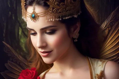 a close up of a woman wearing a crown and holding a rose