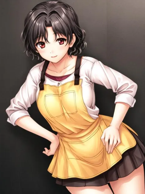 1girl,hand on hip, <lora:Yuzuhara_haruka_v1:0.8>yuzuhara_haruka, white shirt,yellow apron, black skirt, long skirt,, <lora:flatB...
