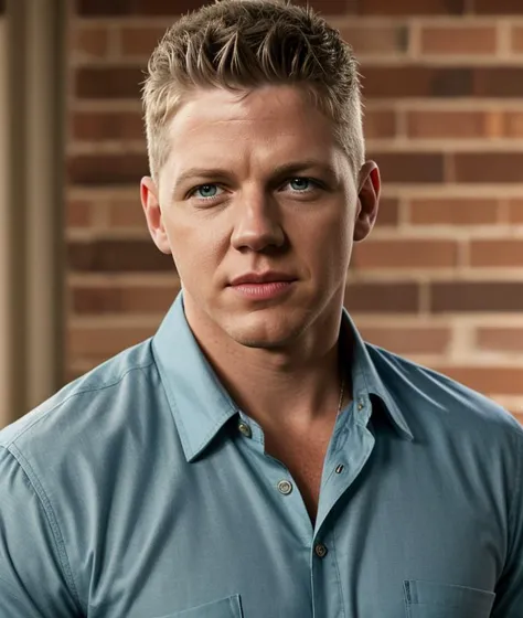 a close up of a man in a blue shirt standing in front of a brick wall