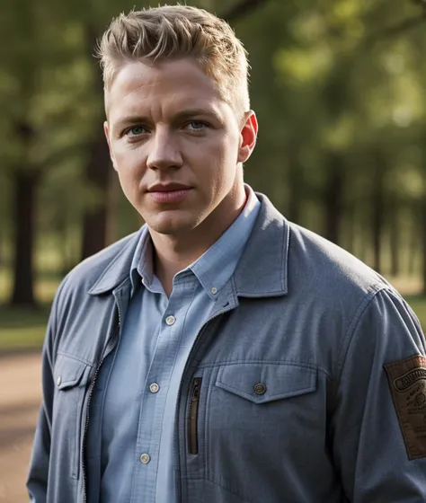 arafed man in a blue shirt and brown jacket standing in a park