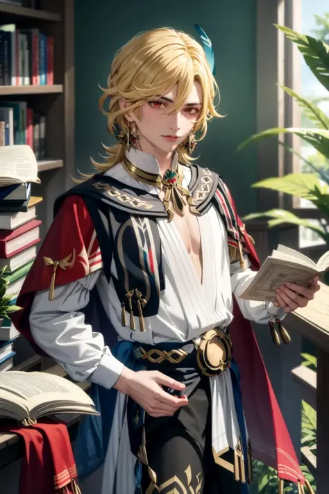 masterpiece, best quality,kaveh (genshin impact), 1boy, male focus, solo, blonde hair, looking at viewer, book, hair ornament, jewelry, long hair, holding, red eyes, earrings, feather hair ornament,(kbxll:0.6)