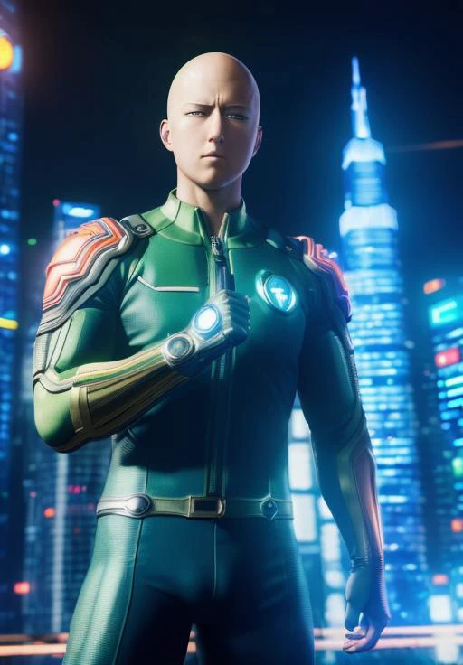 (((masterpiece)), (((highly detailed))), rtx, (photorealistic) illustration of [one punch man], muscles, in a futuristic city with neon lights, skyscraper,  8k, lens flares, unreal engine 5 render, ue5, tight fist