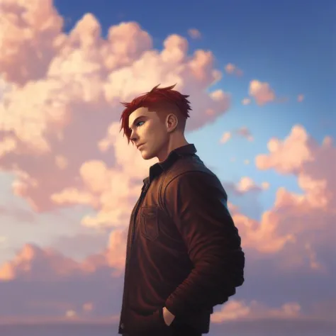 a man standing in front of a cloudy sky with a jacket on