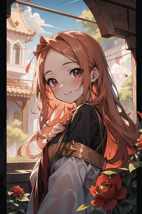 detailed background, masterpiece, best quality, 1girl, long orange hair, (forehead:1.1), purple eyes, large eyes, blush, facing viewer, smile, impressive, warm, chibi, righteous, wholesome, looking at viewer, outdoors, lycoris flower, rose, gold flowers, solar, star \(sky\)