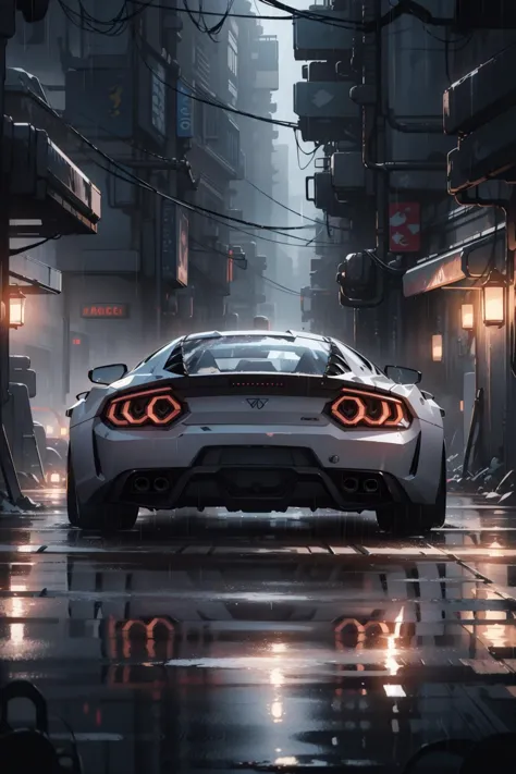 photorealistic, best quality, masterpiece, highly detailed, ultra-detailed, a futuristic sports car in a cyberpunk city at night...