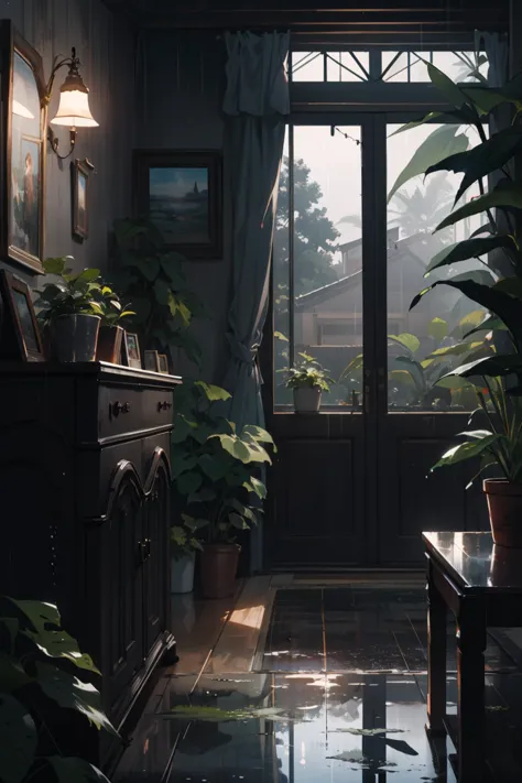 there is a room with a door and a window with plants