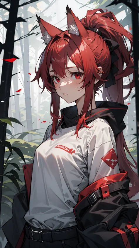 1girl, solo, small breasts, white shirt, red hair, fox ears, ponytail, standing, (upper body), forest, red eyes, closed mouth, teenage, long hair