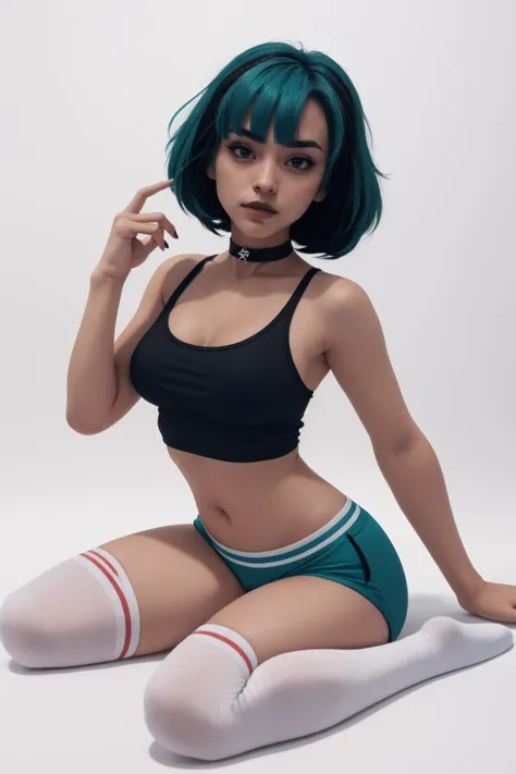 masterpiece, best quality, 1girl, solo, <lora:gwentd:0.95> gwentd, makeup, bangs, choker, crop top, dolphin shorts, midriff,  <lora:striped_tube_socks:1.1>, socks, striped socks, white background, simple background, full body, breasts,