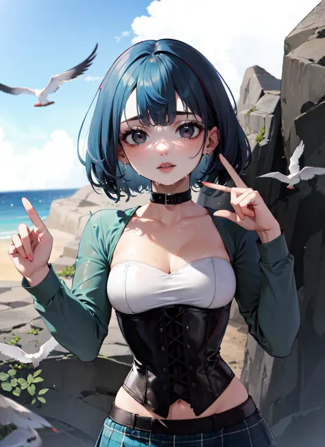 ((best quality)), ((highly detailed)), masterpiece, absurdres, (detailed eyes, deep eyes), (1girl), dynamic pose, upper body, <lora:gwenTotalDramaIsland_v05.1:.8>, gwentd, short hair, bangs, black eyes, makeup, black lips, choker, medium breasts, goth, long sleeves, corset, midriff, pantyhose, skirt, boots, (outdoors, at the coast, horizon, <lora:Concept_RockyBackdrop:1>, rocky backdrop, seagulls, wet hair, afternoon)